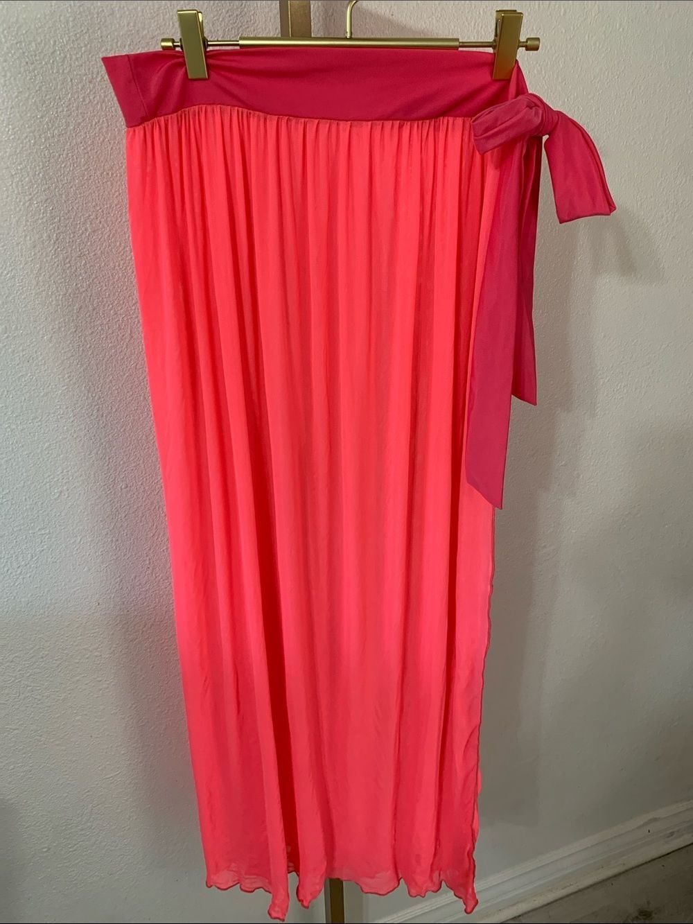 Bright Pink Tie-Waist mesh Maxi Skirt- Size M/L- swim coverup